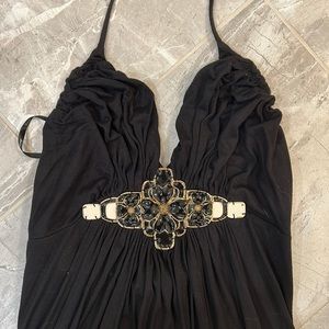 Sky Black knit halter maxi with gold metal emblem accent. Size M